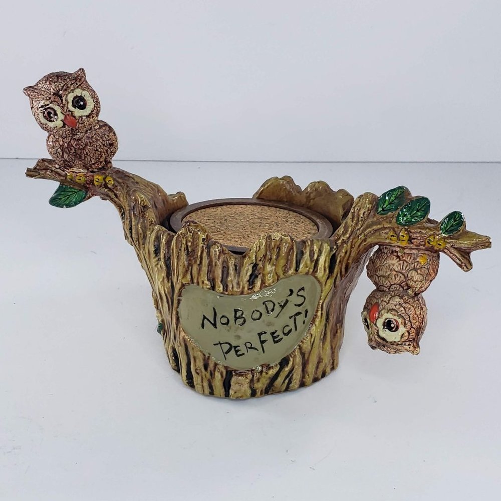 Vintage Syroco Wood Owl Coaster Holder 6 Coasters Nobody’s Perfect